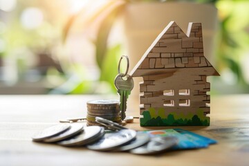 Wall Mural - A wooden house with keys and a stack of coins. Perfect for real estate or financial concepts