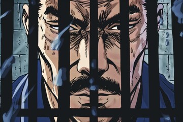 Poster - A close up image of a man behind bars. Perfect for illustrating incarceration or imprisonment