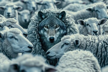 Poster - A wolf surrounded by a herd of sheep. Suitable for nature and wildlife concepts