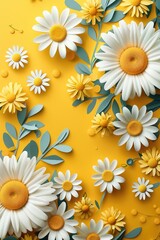 Poster - Colorful paper flowers on a bright yellow background. Perfect for spring or summer themed designs