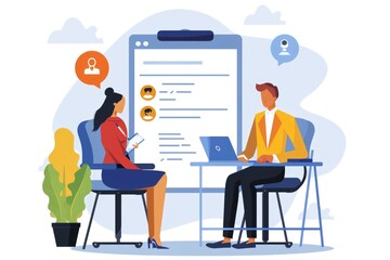 Poster - Two individuals sitting at a table working on a laptop. Suitable for business and technology concepts