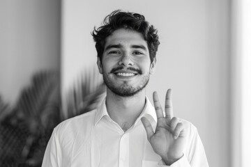 Poster - A man in a white shirt making a peace sign gesture. Suitable for social media and communication concepts