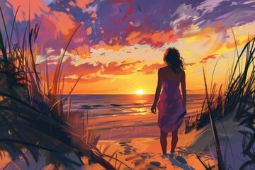 Aufkleber - A woman walking on a sandy beach. Suitable for travel and relaxation concepts