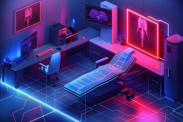 Poster - A simple room with a bed, desk, and computer. Suitable for office or bedroom concepts