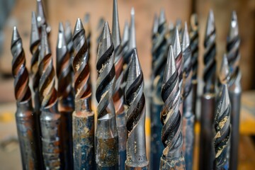 Poster - Drill bits neatly arranged on a table, suitable for construction and DIY projects