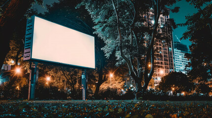 Blank billboard in a tranquil park at night, soft park lights and distant city noises.