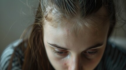 Aufkleber - A girl is looking down at her cell phone. Suitable for technology concepts
