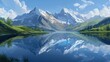 Malarskie przedstawienie górskiego masywu z jeziorem na pierwszym planie, gdzie spokojna tafla wody odbija otaczające góry. Obraz emanuje spokojem i harmonią natury