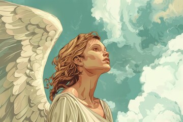 Poster - A painting of a woman with wings flying in the sky, suitable for fantasy themes