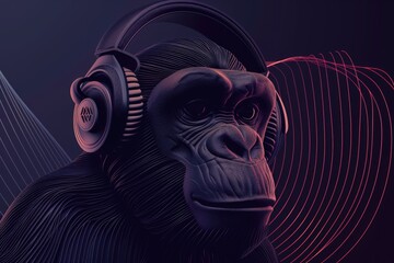 Poster - Close-up image of a monkey wearing headphones. Suitable for music and technology concepts