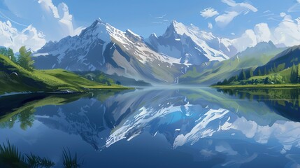 Fototapeta malarskie przedstawienie górskiego masywu z jeziorem na pierwszym planie, gdzie spokojna tafla wody odbija otaczające góry. obraz emanuje spokojem i harmonią natury