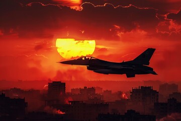 Wall Mural - F-16 silhouetted against a fiery sunset over a war-torn city