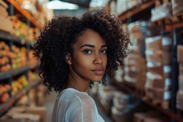 Sticker - A woman with curly hair standing in a store. Suitable for retail or shopping concepts