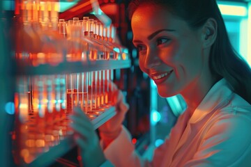 Aufkleber - Woman in lab coat looking at shelf of test tubes. Suitable for science and research concepts