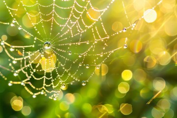 Hyperrealistic dew drops clinging to a spiderweb in a meadow, sparkling in the morning sunlight