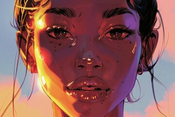 Poster - Close up of a woman's face with a beautiful sunset in the background. Perfect for beauty or relaxation concepts