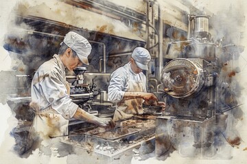 Poster - A painting of two men working in a factory. Suitable for industrial concepts
