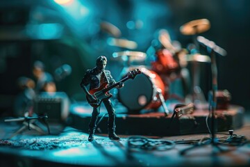 Poster - A close up of a toy guitar player on a stage. Ideal for music-themed designs