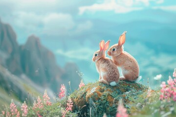 Poster - Two rabbits sitting on top of a green hillside. Suitable for nature and animal themes