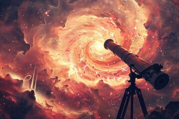 Poster - A telescope pointed at a stunning spiral galaxy. Ideal for astronomy enthusiasts