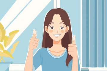 Poster - Woman showing approval gesture near window. Suitable for business concepts