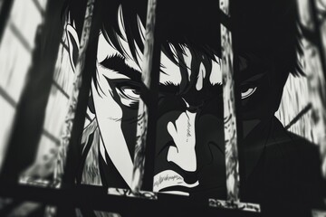 Poster - A black and white photo of a man behind bars, suitable for illustrating concepts of imprisonment or justice
