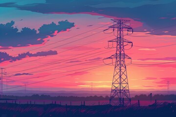 Aufkleber - A picturesque sunset with power lines in the foreground. Suitable for energy and technology concepts
