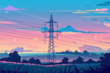 Poster - A stunning view of a power line with a colorful sunset in the background. Perfect for energy or technology concepts