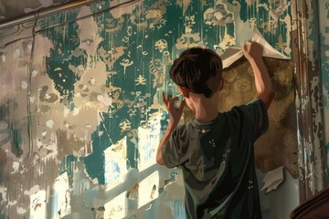 Canvas Print - A boy standing in a room with peeling paint. Suitable for illustrating neglect or poor living conditions