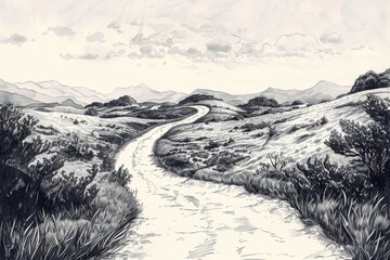 Poster - A simple black and white drawing of a dirt road. Suitable for various design projects