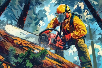 Poster - A man in a yellow jacket cutting a tree with a chainsaw. Suitable for forestry and lumber industry concepts