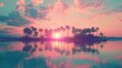 Zachód słońca w pastelowych kolorach nad spokojnym jeziorem, z palmami na pierwszym planie