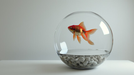A goldfish is swimming in a clear glass bowl