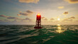 Sea buoy swings on the waves at sunset