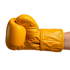 Wall Mural - A hand in a boxing glove isolated on a white or transparent background. The hand of an athlete in a yellow boxing glove, close-up. Graphic design element on the theme of sports.