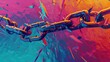 3D vector illustration of a broken chain breaking against a colorful background in vibrant colors from a low angle shot