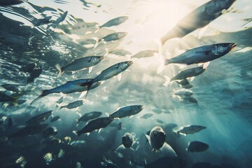 Wall Mural - Underwater view of a school of fish swimming in the water.