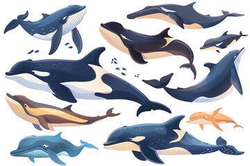Wall Mural - seamless pattern with dolphin and whale on white transparent background