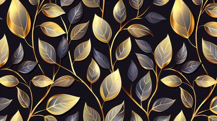 Wall Mural - Golden leaves on dark background.