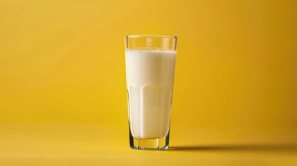 Wall Mural - A glass of milk presented as a sample on a vibrant yellow background to celebrate World Milk Day