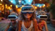 Children and parents enjoying virtual reality headsets with bokeh lights during a family evening gathering