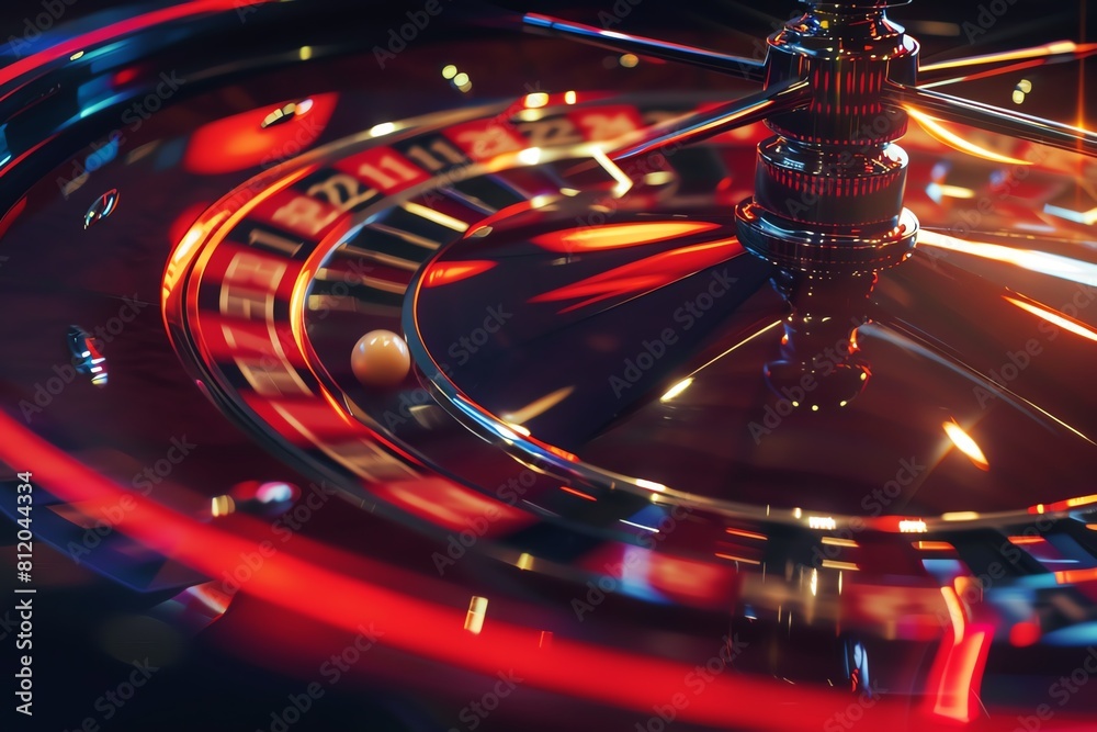 An elegant roulette wheel in action, with a blur of red and black as the ball spins