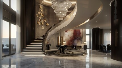 the image shows a modern and luxurious house with a spiral staircase, marble floors, and a crystal c
