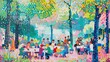 Kilka osób siedzi przy drewnianym stole na trawie w parku. Jedni rozmawiają, inni jedzą posiłek. W tle widać drzewa i niebieskie niebo