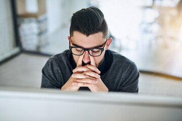 Aufkleber - Businessman, eye strain and tired for stress by computer with burnout, headache or overworked by desk with top view. Professional, employee or discomfort from glasses with work deadline or frustrated