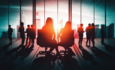 Wall Mural - double exposure image of many business people conference group meeting on city office building in ba
