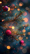 Festive Holiday Background with Glittering Frosty Leaves and Berries