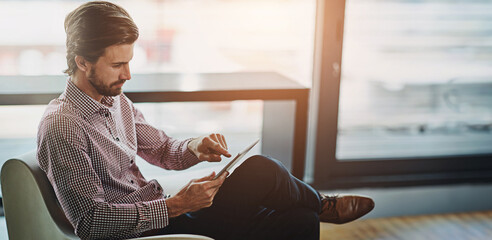 Aufkleber - Businessman, internet and office work on tablet for productivity, digitalization and workflow of tasks or project management. Man, entrepreneur and online for efficiency, research and business site.