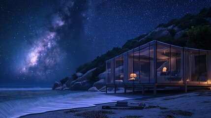 Wall Mural - a beachside glamping scene under the stars, featuring a spacious tent with transparent walls, offeri