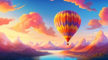 Wall Mural - A colorful hot air balloon is flying over a mountain range